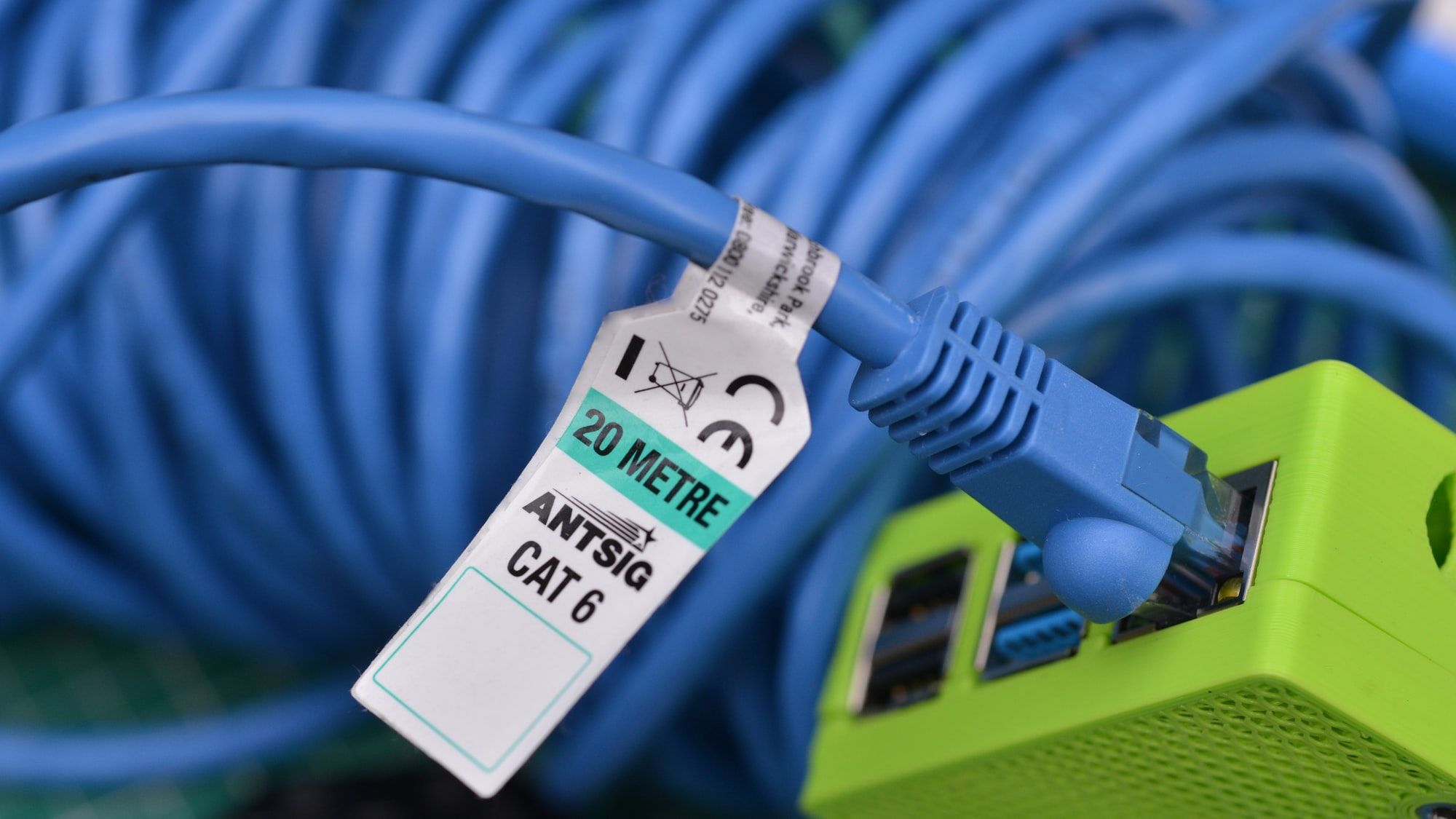 A bundle of blue CAT6 Ethernet cable plugged into a Raspberry Pi 4 housed in a bright green box.